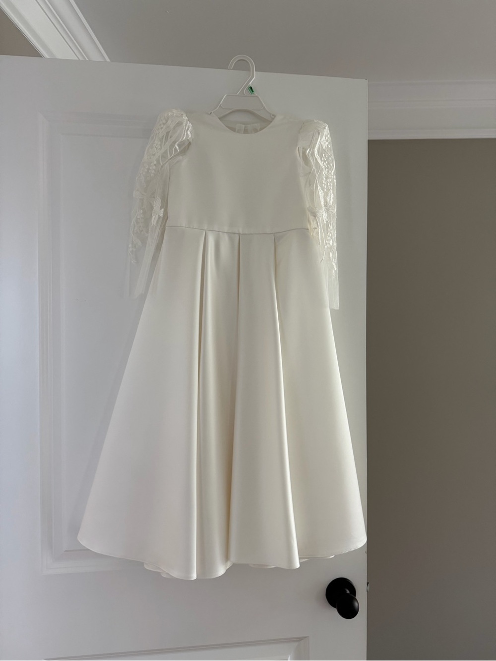 Ivory Satin Girls' Formal Dress with Lace Puff Sleeves